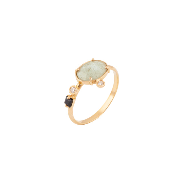 Rose Cut Pastel Green Sapphire, Navy Sapphire, Diamond Ring